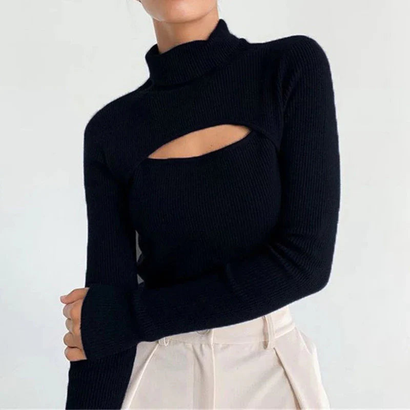 Long Sleeve Hollow Out Turtleneck Pullover Sweater