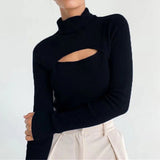 Long Sleeve Hollow Out Turtleneck Pullover Sweater Black