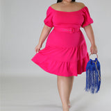 Plus Size Solid Off Shoulder Belted Midi Dress Hot Pink