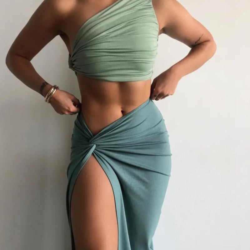 2-Piece Ruched Crop Top and High Slit Midi Skirt Matching Set