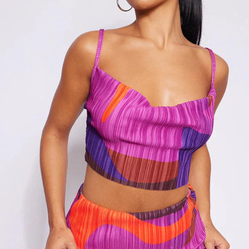 Printed Pleated Cami Top And Skirt Matching Set