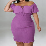 Plus Size Off Shoulder Front Drawstring Midi Dress Lavender