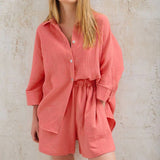 2-Piece Cotton Collar Shirt Shorts Set Orange