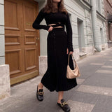 2-Piece Crew Neck Cross Tie Top and Midi Skirt Matching Set Black