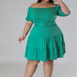 Plus Size Solid Off Shoulder Belted Midi Dress Green