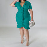 Plus Size Draped V-Neck Ruffle Midi Dress Green