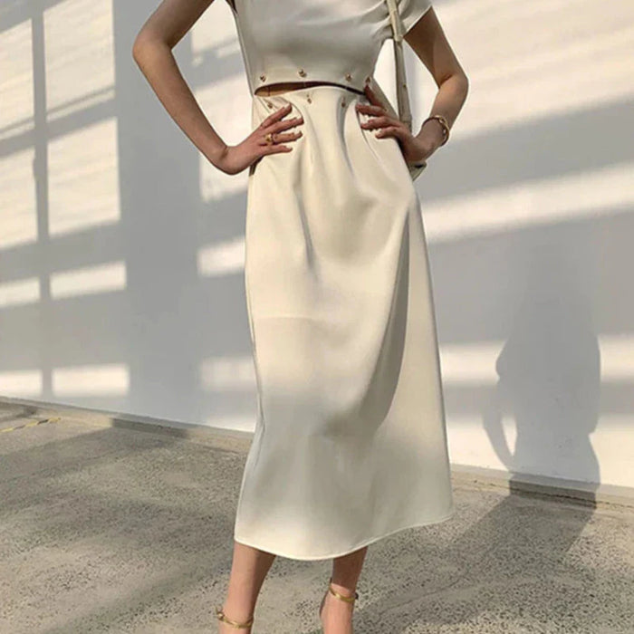 Round Neck Short Sleeve High Waist Cut Out Midi Dress Beige