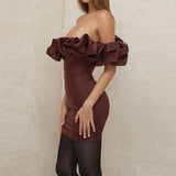 Satin Ruffle Sleeve Mini Dress Deep Red