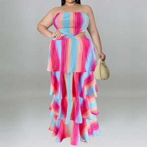 Plus Size Strapless Ruffled Cut Out Maxi Dress Pink