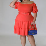 Plus Size Solid Off Shoulder Belted Midi Dress Orange