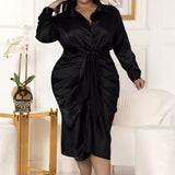 Plus Size Long Sleeve Satin Blouse Ruched Midi Dress Black