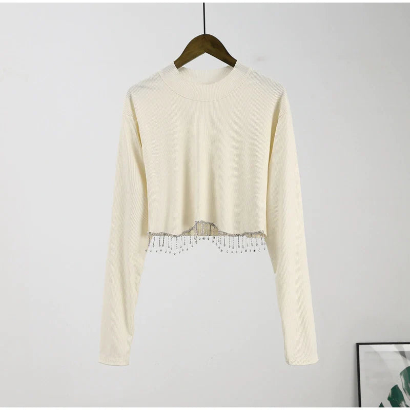 Rhinestone Tassel Loose Crop Sweater