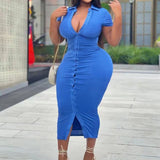 Plus Size Collared Button Down Short Sleeve Midi Dress Blue