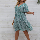 Plus Size V-Neck Short Sleeve Floral Print Midi Dress Green