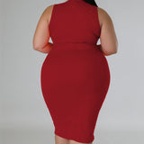 Plus Size Sleeveless Solid Bodycon Midi Dress Red