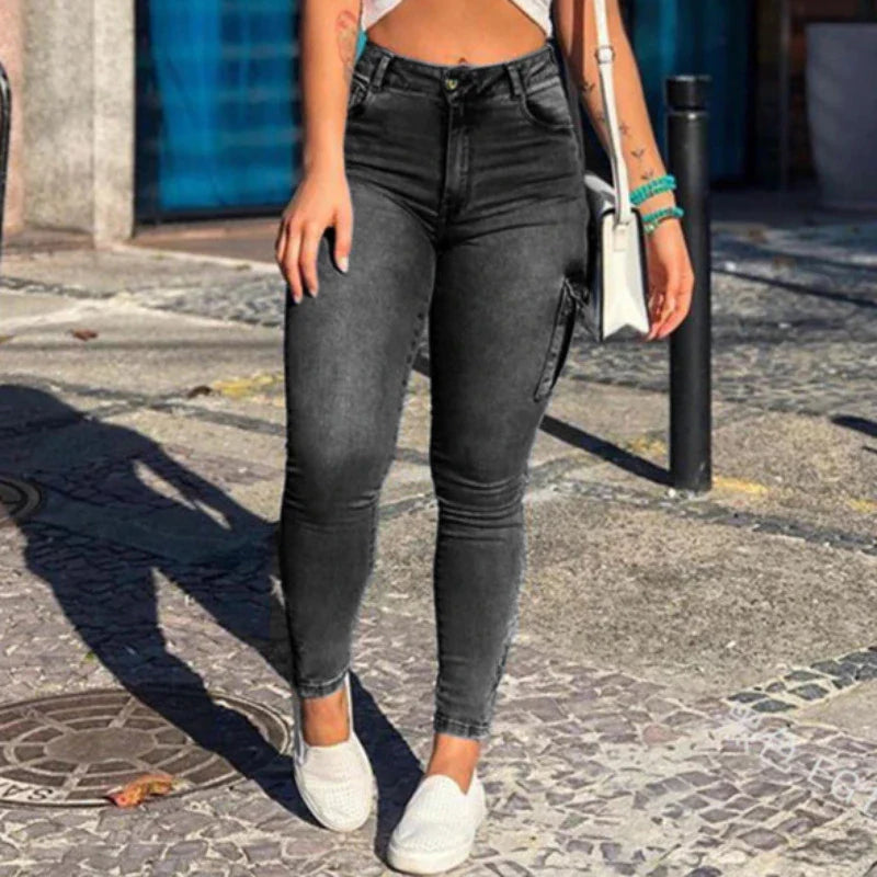 High Waist Skinny Cargo Jeans With Side Pockets