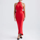 Satin Backless Bow Maxi Dress Red