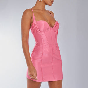 Satin Corset Cup Detail Bodycon Mini Dres Bright Pink