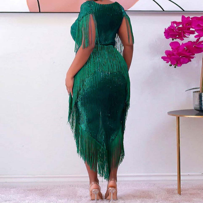 Plus Size Sweetheart Neck Sequin Tassel Midi Dress Green