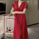 Satin Long Sleepwear Dress Red