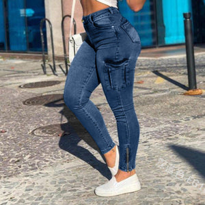 High Waist Skinny Cargo Jeans With Side Pockets