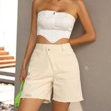 Criss Cross High Waist Denim Shorts Cream