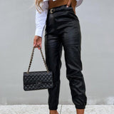 Faux Leather High Waist Cuffed Ankle Pants Black