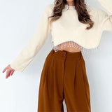 Rhinestone Tassel Loose Crop Sweater Cream