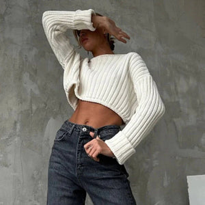 Ribbed Knit Crewneck Cotton Crop Sweater White