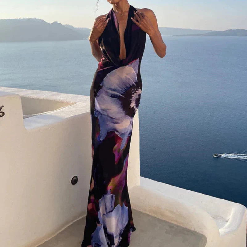 Backless Maxi Purple Print Halter Bodycon Dress