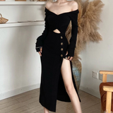 Simple Black Knit Long Sleeve Side Split Midi Dress Black