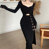 Simple Black Knit Long Sleeve Side Split Midi Dress Black