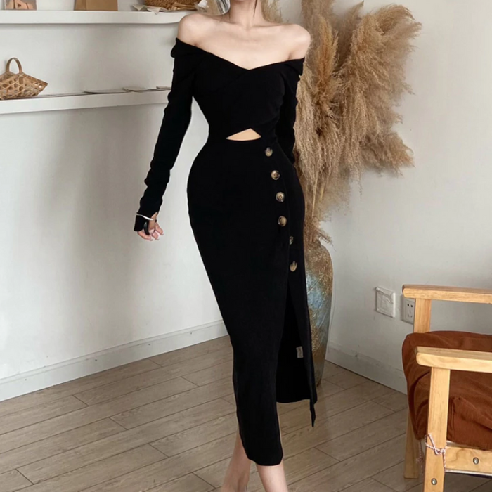 Simple Black Knit Long Sleeve Side Split Midi Dress Black