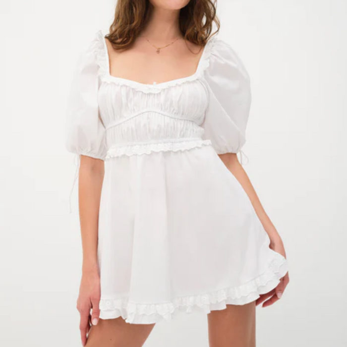 Puff Sleeve Square Neck Short Sleeve Mini Dress White