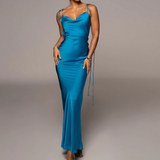 Slip Sheath Satin Ruched Maxi Dress Blue