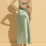 Strapless Scrunched Back Strap Satin Maxi Dress Light Green