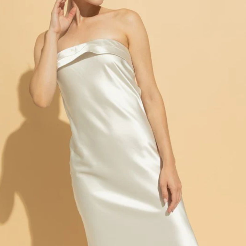 Strapless Scrunched Back Strap Satin Maxi Dress