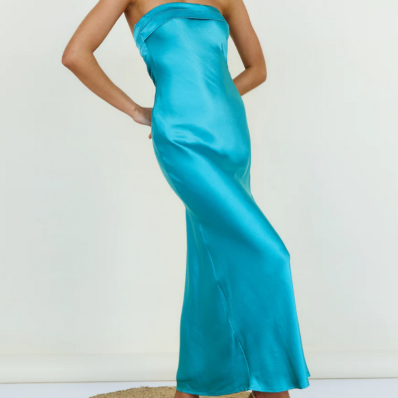Strapless Scrunched Back Strap Satin Maxi Dress