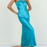 Strapless Scrunched Back Strap Satin Maxi Dress Blue