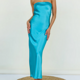 Strapless Scrunched Back Strap Satin Maxi Dress Blue