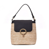 Metal Detail Straw Bucket Bag Black