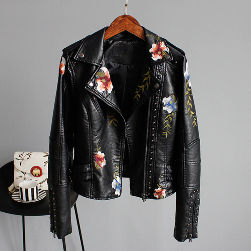 Faux Leather Floral Embroidery Biker Jacket