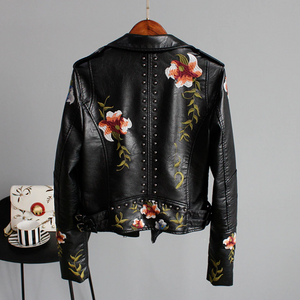 Faux Leather Floral Embroidery Biker Jacket