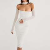 Double Layer Mesh Midi Dress White