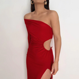 One Shoulder Cut Out Slit Maxi Dress Red