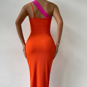 Colorblock Cutout One Shoulder Midi Dress