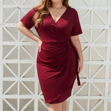 Plus Size V-Neck Ruched A-Line Midi Dress Red