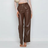 Faux Leather Straight Wide Leg Pants Brown