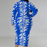 Plus Size Button Down Printed Long Sleeve Maxi Dress Blue