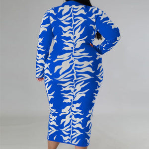 Plus Size Button Down Printed Long Sleeve Maxi Dress Blue